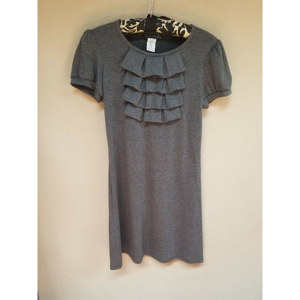 French Atmosphere Womens Ruffle Front Short Sleeve Dress Medium Gray Stretch